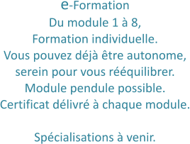 e-Formation Du module 1 à 8,  Formation individuelle.  Vous pouvez déjà être autonome,  serein pour vous rééquilibrer. Module pendule possible. Certificat délivré à chaque module.  Spécialisations à venir.