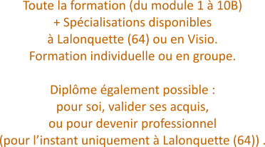 Toute la formation (du module 1 à 10B)  + Spécialisations disponibles à Lalonquette (64) ou en Visio. Formation individuelle ou en groupe.  Diplôme également possible : pour soi, valider ses acquis,  ou pour devenir professionnel  (pour l’instant uniquement à Lalonquette (64)) .