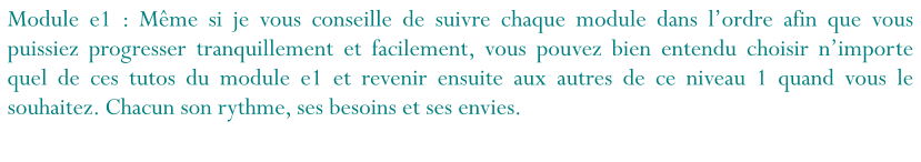 Module e1 : Même si je vous conseille de suivre chaque module dans l’ordre afin que vous puissiez progresser tranquillement et facilement, vous pouvez bien entendu choisir n’importe quel de ces tutos du module e1 et revenir ensuite aux autres de ce niveau 1 quand vous le souhaitez. Chacun son rythme, ses besoins et ses envies.