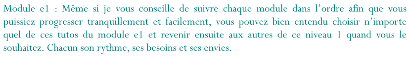 Module e1 : Même si je vous conseille de suivre chaque module dans l’ordre afin que vous puissiez progresser tranquillement et facilement, vous pouvez bien entendu choisir n’importe quel de ces tutos du module e1 et revenir ensuite aux autres de ce niveau 1 quand vous le souhaitez. Chacun son rythme, ses besoins et ses envies.